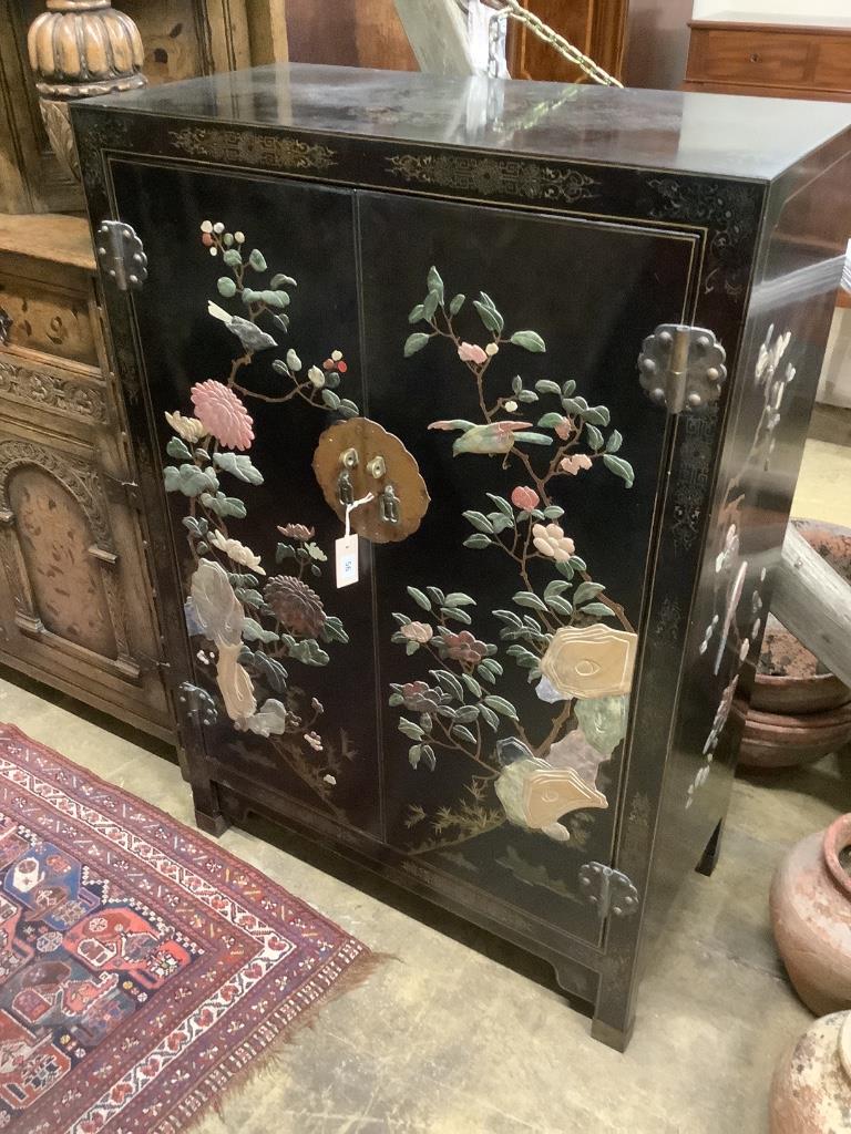 A Chinese lacquered and hardstone inlaid cabinet, width 87cm, depth 43cm, height 128cm
